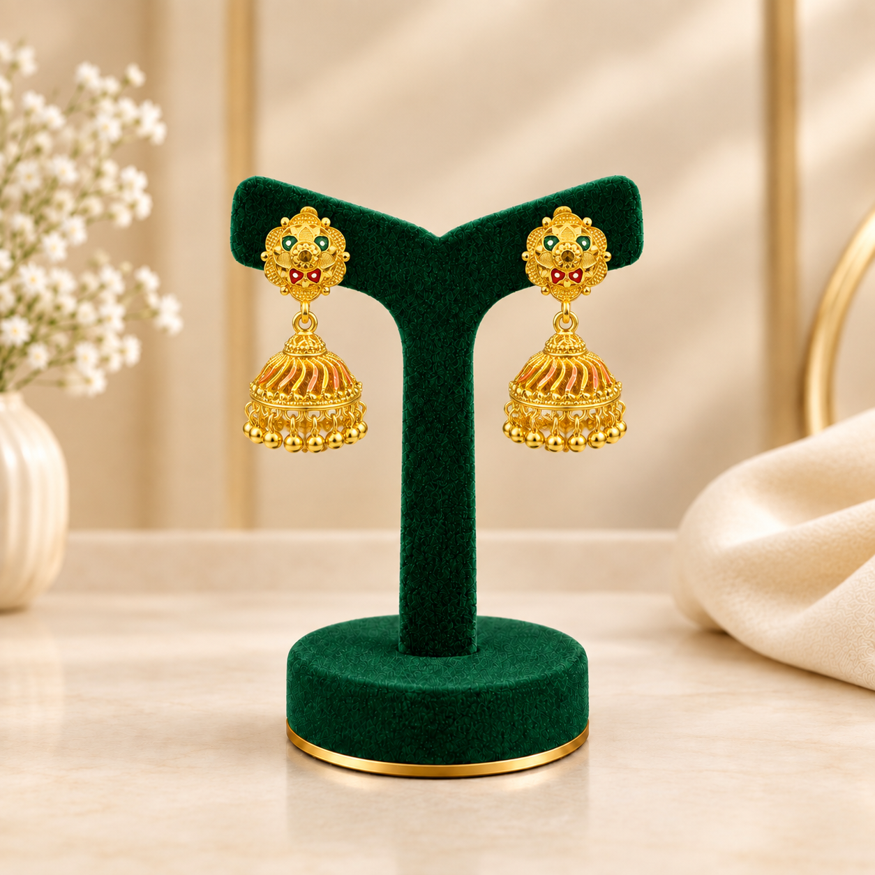 PRG0036 Emerald Grace Gold-Plated Jhumukka Earrings – 1 Gram Gold - Image 1