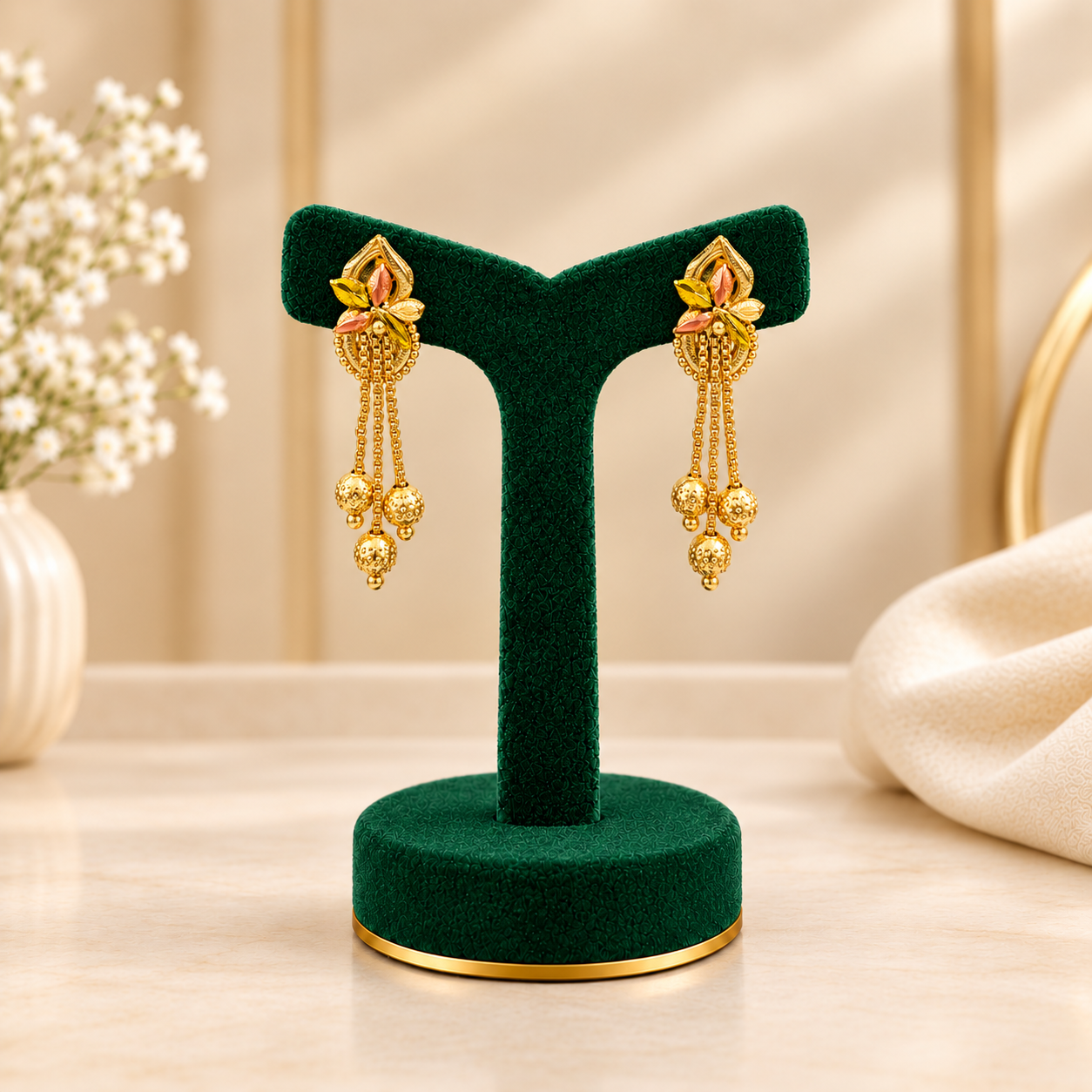 PRG0045 Floral Beaded Hanging Earrings - 1 Gram Gold Plated - Image 1
